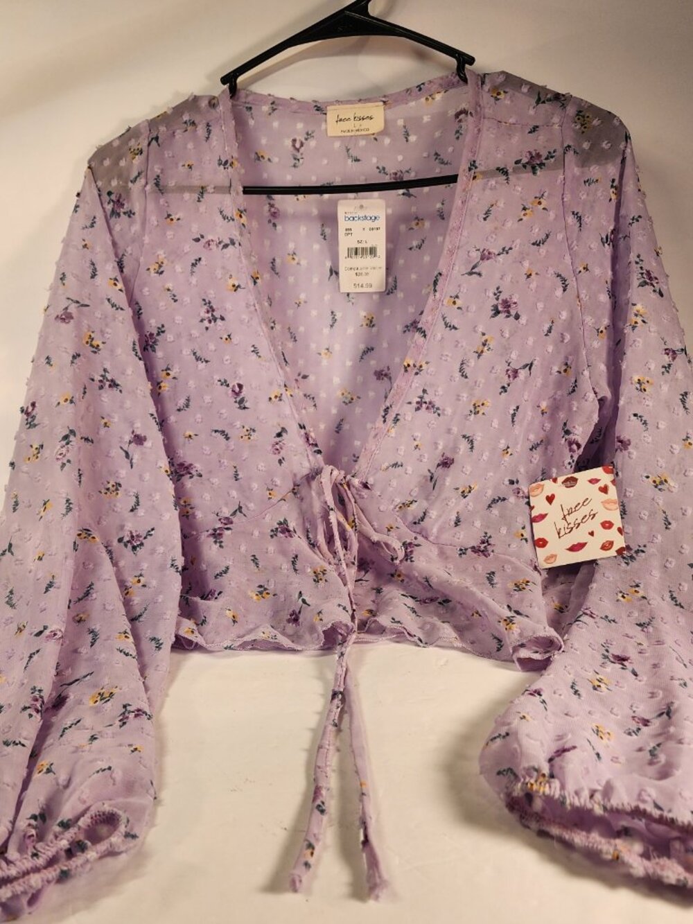 NWT:FREE KISSES size LARGE Lavender With Floral Pattern Sheer Tie-Front Crop Top